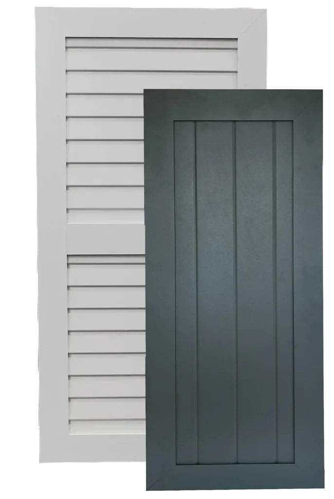 2 aluminum exterior shutters made with sustainable insulated panels
